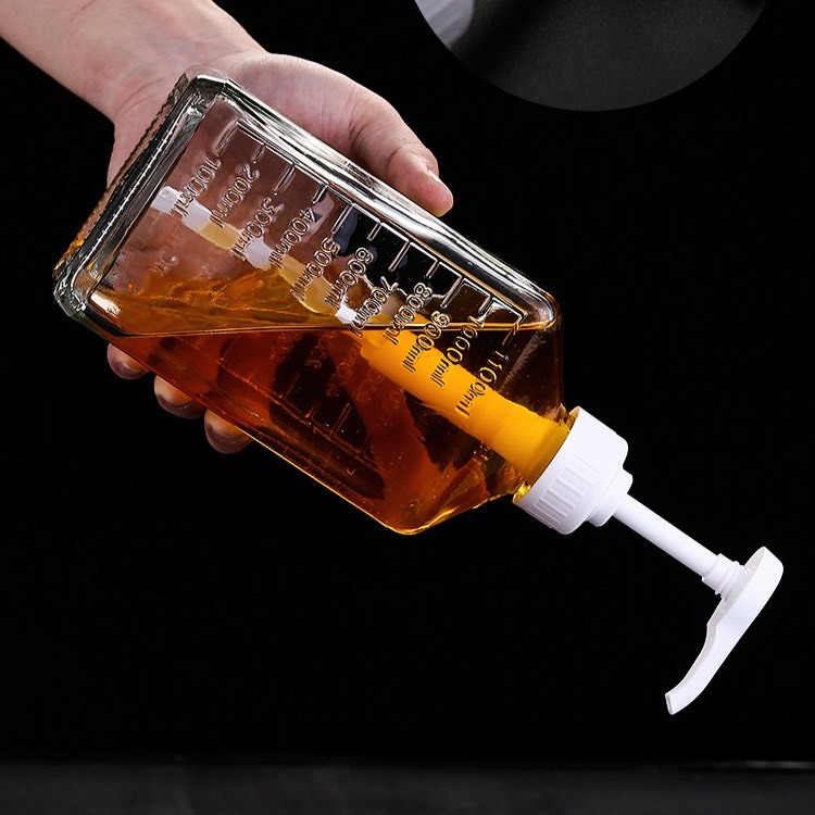 Bình đựng sirup bằng thủy tinh/ nhựa dung tích 1100ml có vòi pump 10ml sử dụng tiện lợi, có vạch chia định lượng