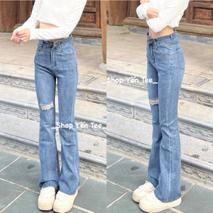 Quần jeans nữ ống loe xước đùi nhẹ Yến Tee, from loe nhẹ dễ phối đồ #10038 #10039