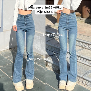 Quần jeans ống loe xanh bụi ống tua Yến Tee #1025