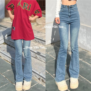 Quần jeans ống loe xanh bụi ống tua Yến Tee #1025
