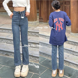 Quần jeans ống đứng nữ màu xanh lạ Yến Tee Shop , cạp 1 cúc dễ mặc #30009