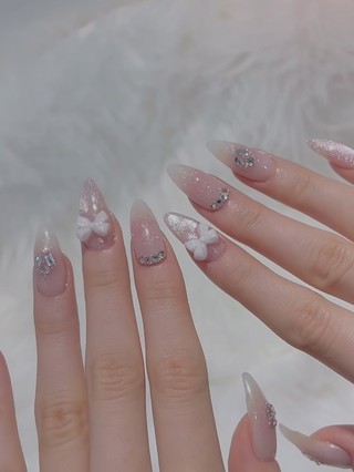 (Tặng hộp nail và keo MxBon) Nail Box thạch hồng mắt mèo charm đá lấp lánh nơ trắng M58 nhà Mơ Nails
