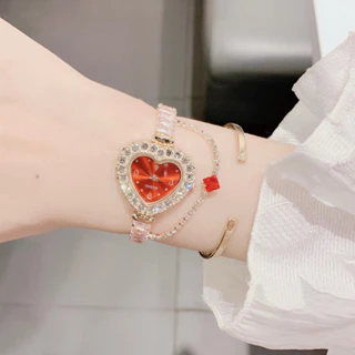 Đồng Hồ Nữ Mặt Trái Tim Dây Đá Ống Ruby Cao Cấp Phối Nhánh Cách Tân