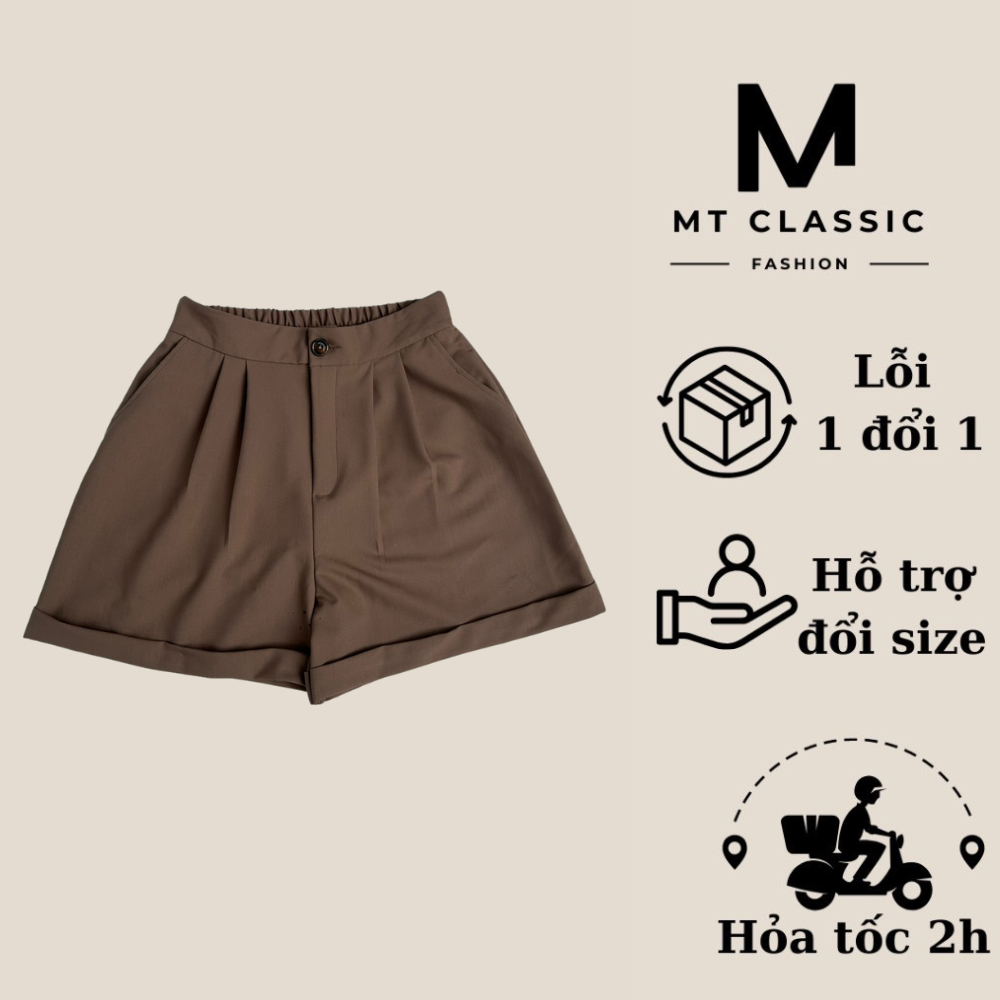 (Hỏa tốc HCM) Quần short lưng cao nữ, quần đùi lửng lai gập  xếp ly có túi và lưng phía sau chun co giãn - MT Classic