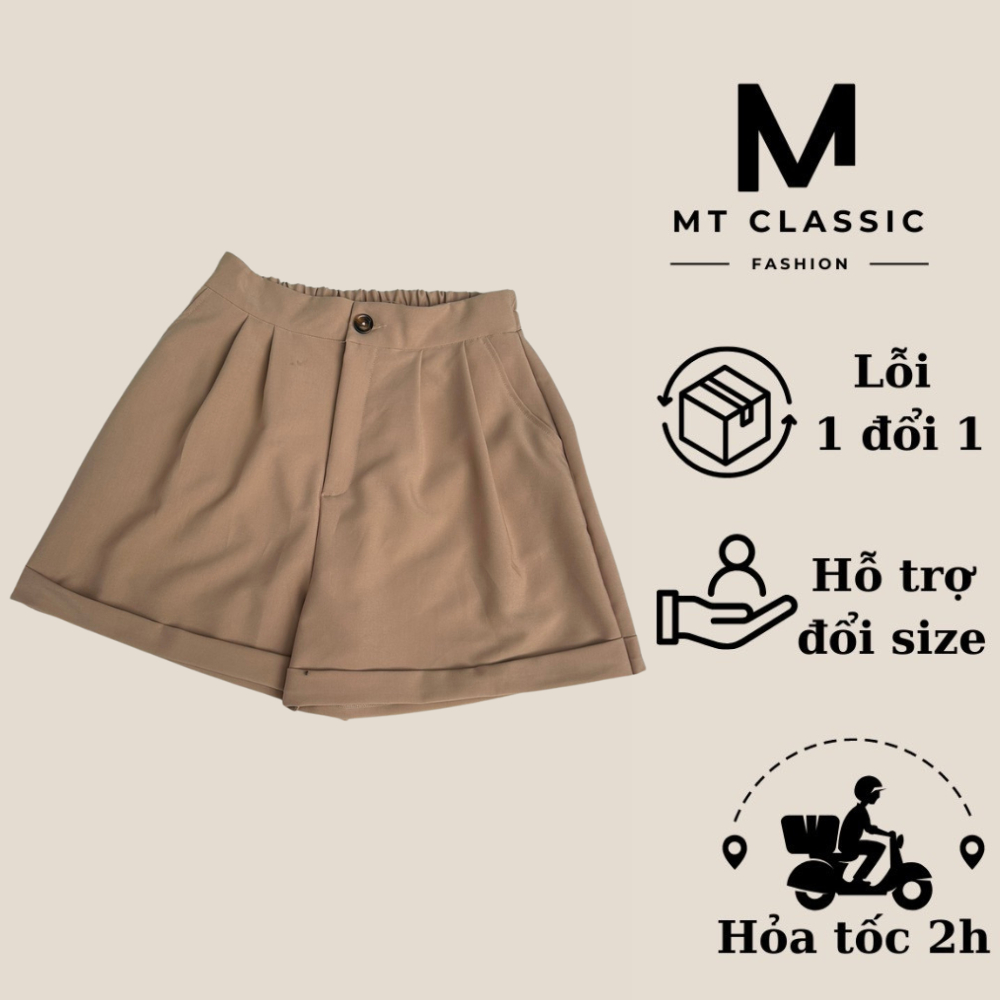(Hỏa tốc HCM) Quần short lưng cao nữ, quần đùi lửng lai gập  xếp ly có túi và lưng phía sau chun co giãn - MT Classic