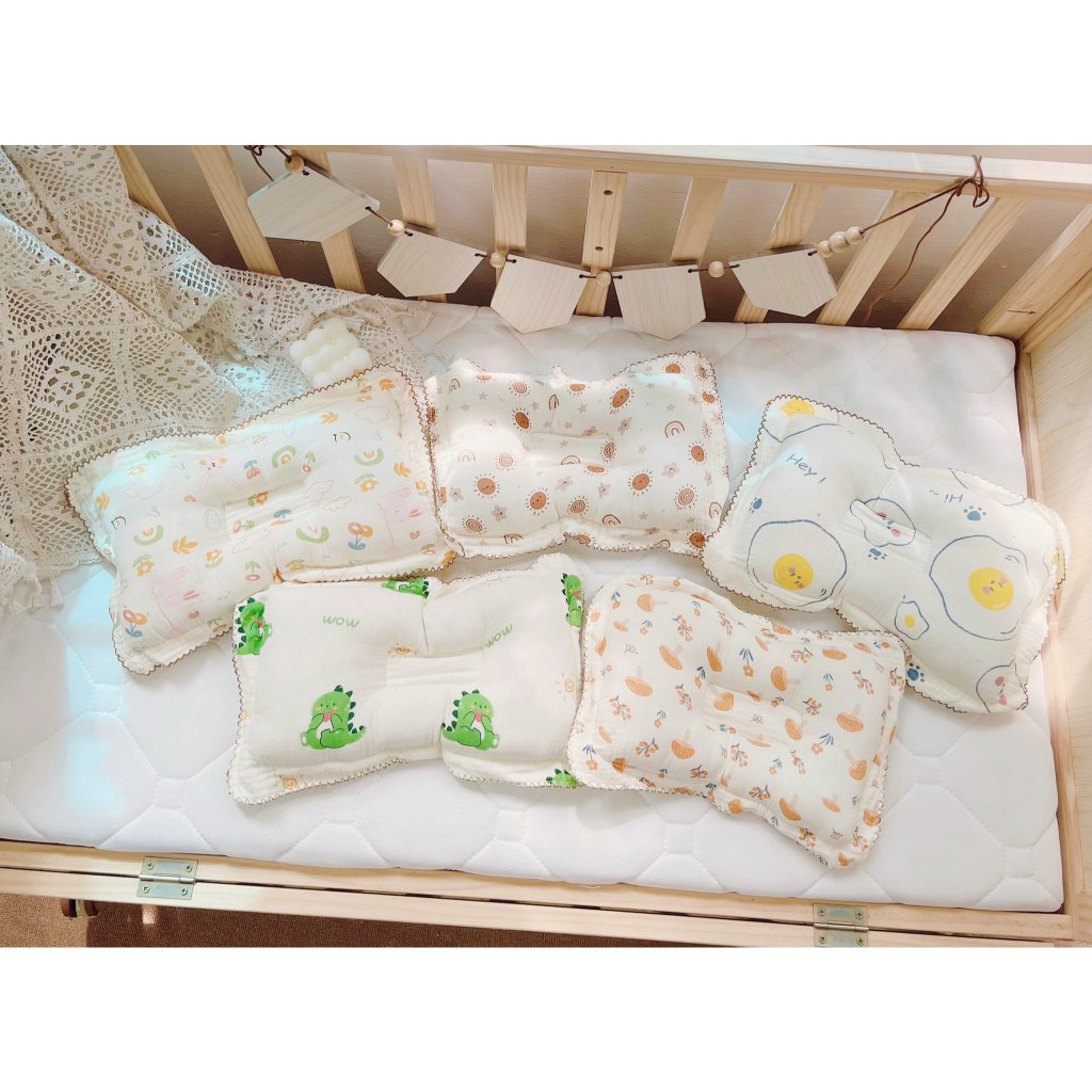 Gối lõm cho bé sơ sinh, gối xô muslin cao cấp chống méo đầu, gối định hình, êm ái, cho bé nằm 3sbaby vải cotton DT04