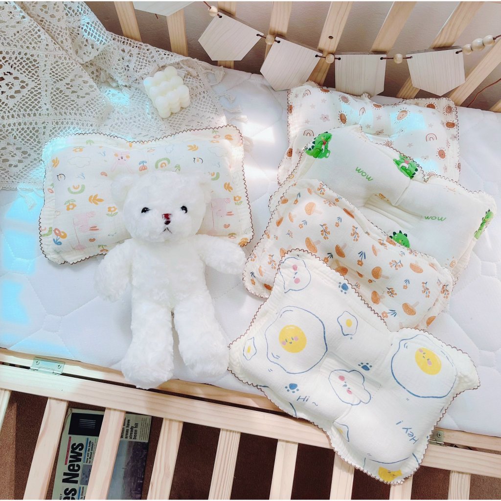 Gối lõm cho bé sơ sinh, gối xô muslin cao cấp chống méo đầu, gối định hình, êm ái, cho bé nằm 3sbaby vải cotton DT04