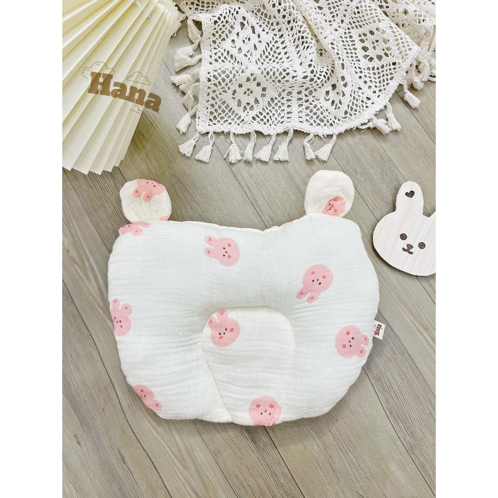 Gối Lõm Tim Hình Tai Gấu, Vải Xô Muslin, Êm Ái, Thoải Mái Cho Bé Nằm Gối Ngủ Cotton DT05