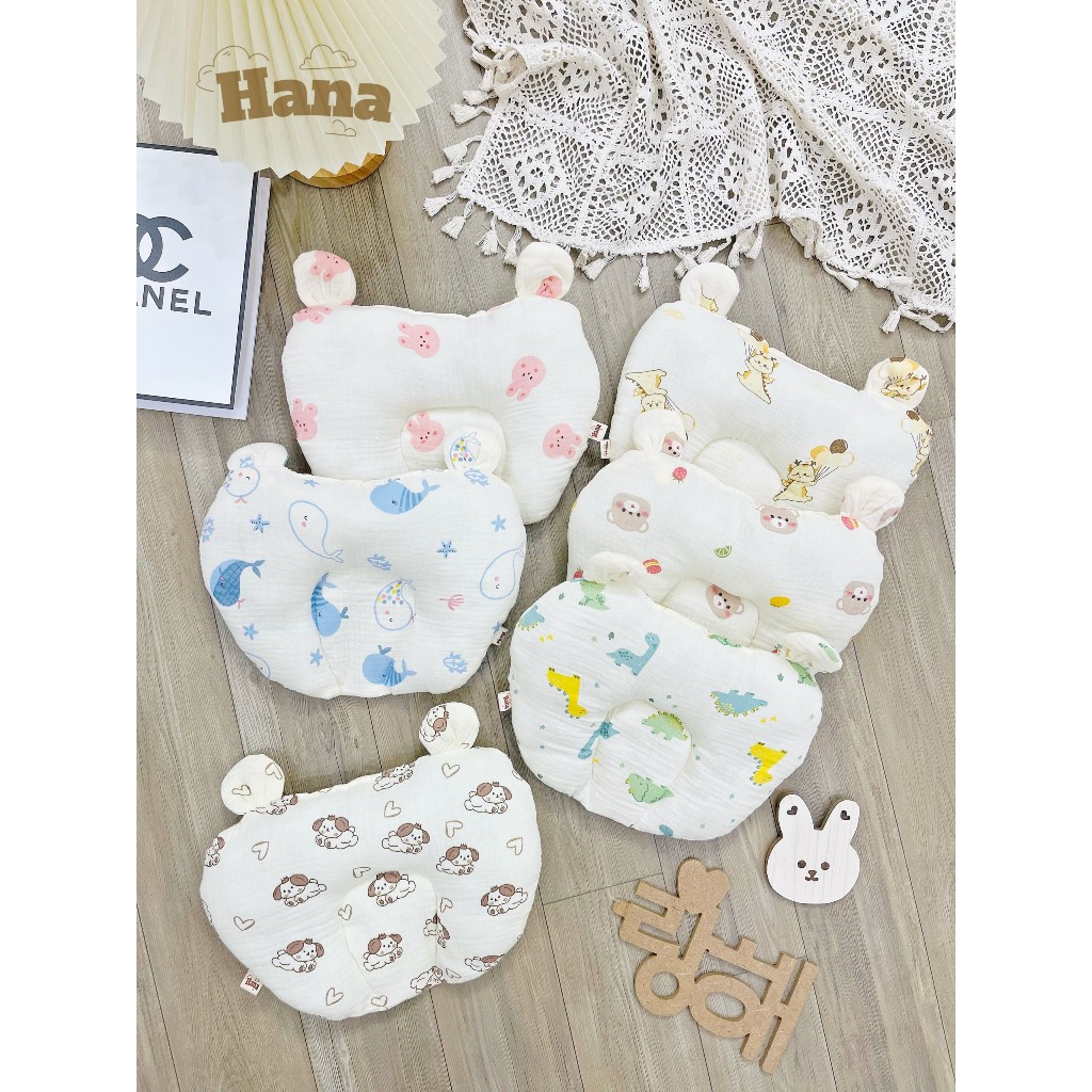 Gối Lõm Tim Hình Tai Gấu, Vải Xô Muslin, Êm Ái, Thoải Mái Cho Bé Nằm Gối Ngủ Cotton DT05