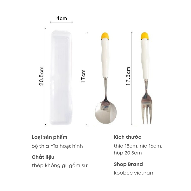 Bộ Thìa Nĩa Inox Cán Sứ Hình  Cute Dùng Cho Cá Nhân, Trẻ Em - Bộ Đồ Ăn Di Động Văn Phòng, Sinh Viên, Du Lịch | 077