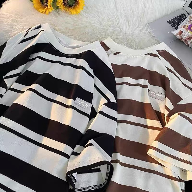 Ảnh Áo Thun Nam Nữ Kẻ Sọc Ngang phối logo JIEBANGREN NAD Unisex Áo Phông Unisex Kẻ Sọc Chất Liệu Cotton KS 01 1