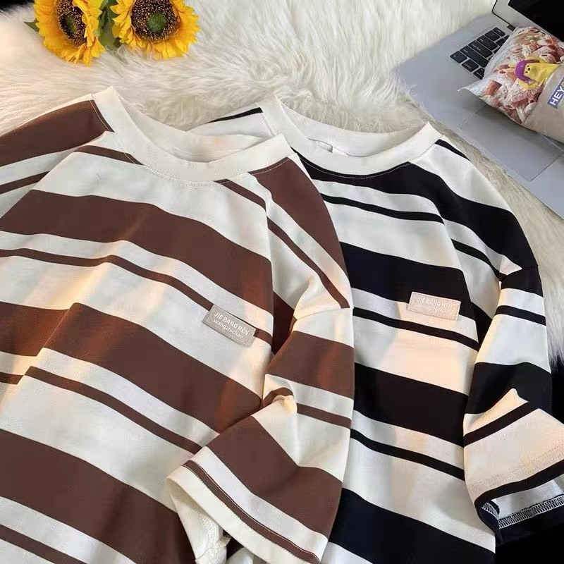 Ảnh Áo Thun Nam Nữ Kẻ Sọc Ngang phối logo JIEBANGREN NAD Unisex Áo Phông Unisex Kẻ Sọc Chất Liệu Cotton KS 01 3