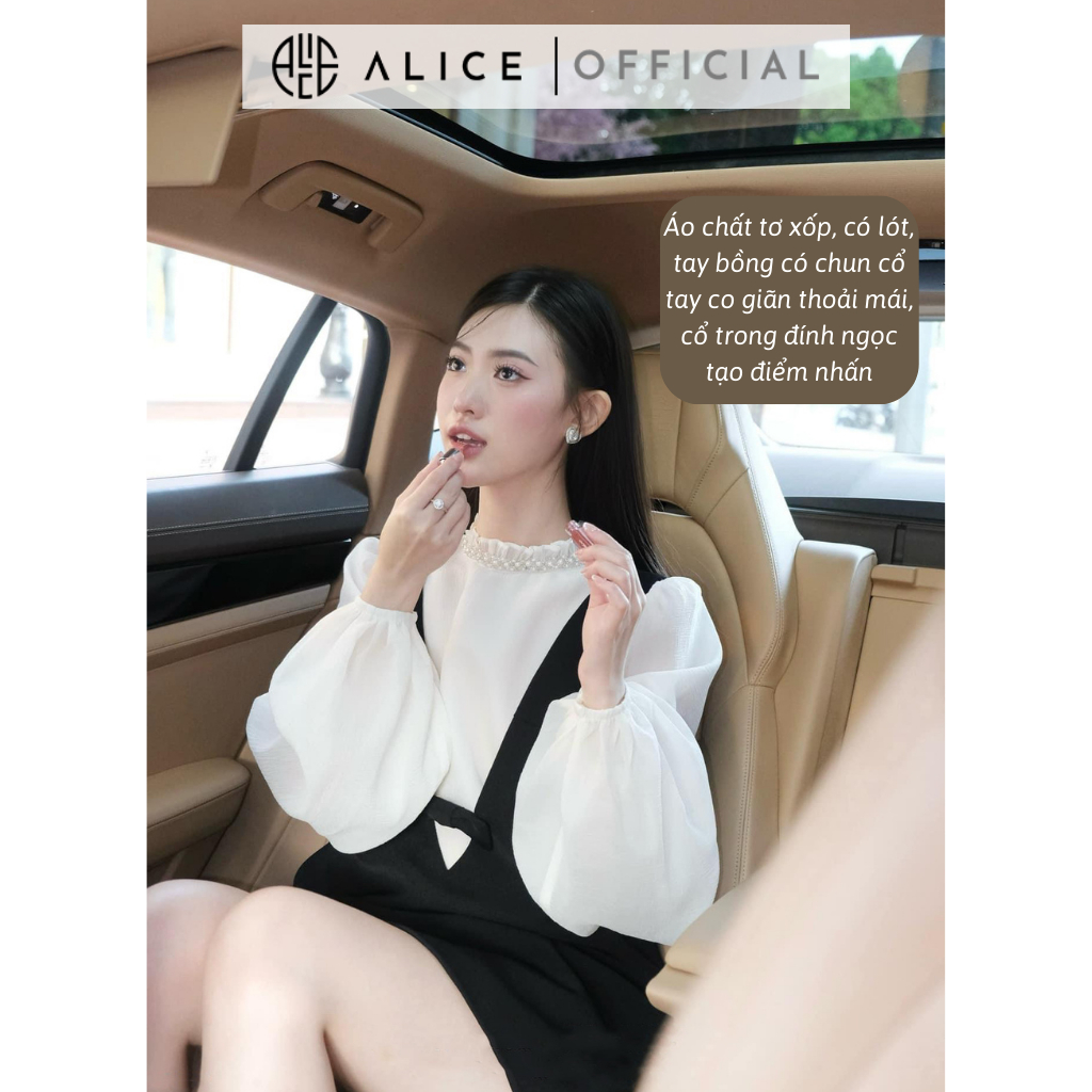 Set Tiểu Thư Áo Tay Phồng Cổ Ngọc Phối Đầm Yếm Dáng Suông ALICE Chất Liệu Cao Cấp, Tiểu Thư S587