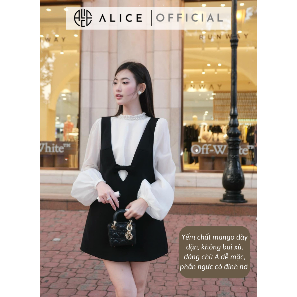 Set Tiểu Thư Áo Tay Phồng Cổ Ngọc Phối Đầm Yếm Dáng Suông ALICE Chất Liệu Cao Cấp, Tiểu Thư S587