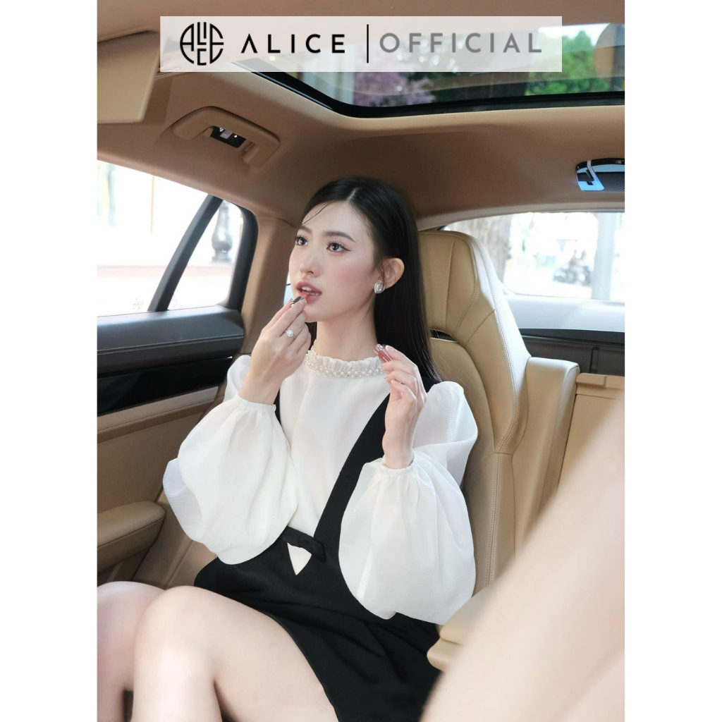 Set Tiểu Thư Áo Tay Phồng Cổ Ngọc Phối Đầm Yếm Dáng Suông ALICE Chất Liệu Cao Cấp, Tiểu Thư S587