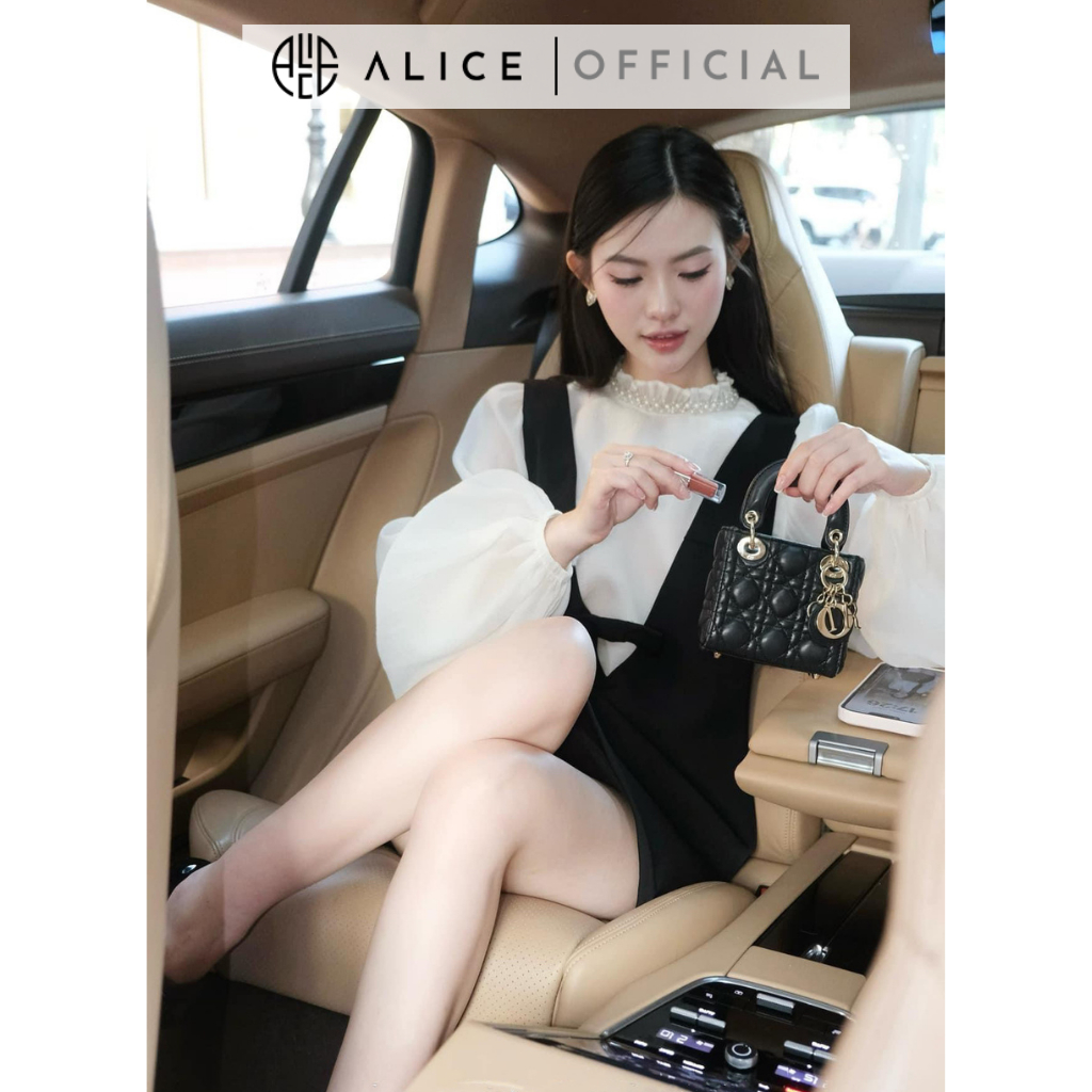 Set Tiểu Thư Áo Tay Phồng Cổ Ngọc Phối Đầm Yếm Dáng Suông ALICE Chất Liệu Cao Cấp, Tiểu Thư S587