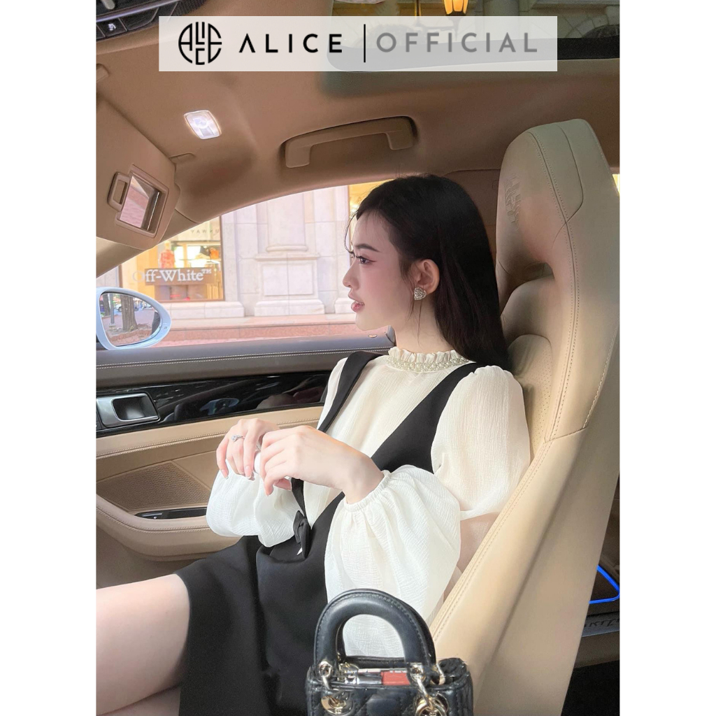 Set Tiểu Thư Áo Tay Phồng Cổ Ngọc Phối Đầm Yếm Dáng Suông ALICE Chất Liệu Cao Cấp, Tiểu Thư S587