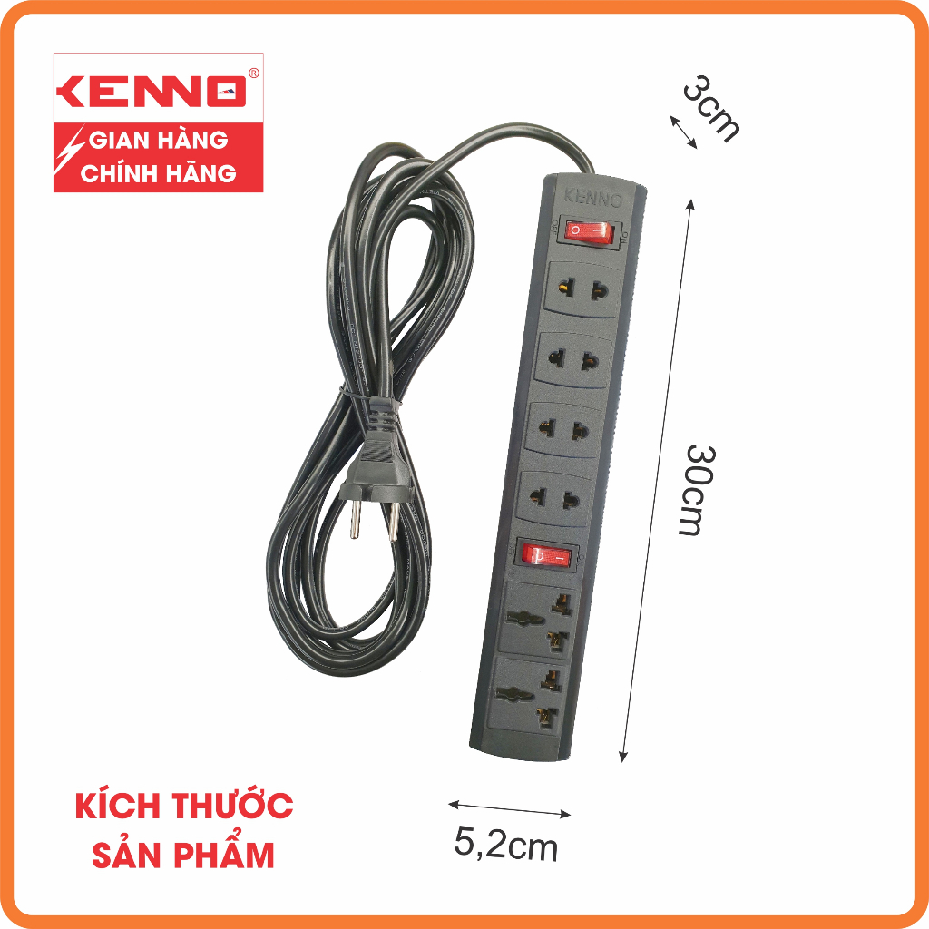 Ổ cắm 6 lỗ lõi sứ 4 tròn dẹt và 2 đa năng dây nguồn 2,5m và 4.5m Công suất  2200W