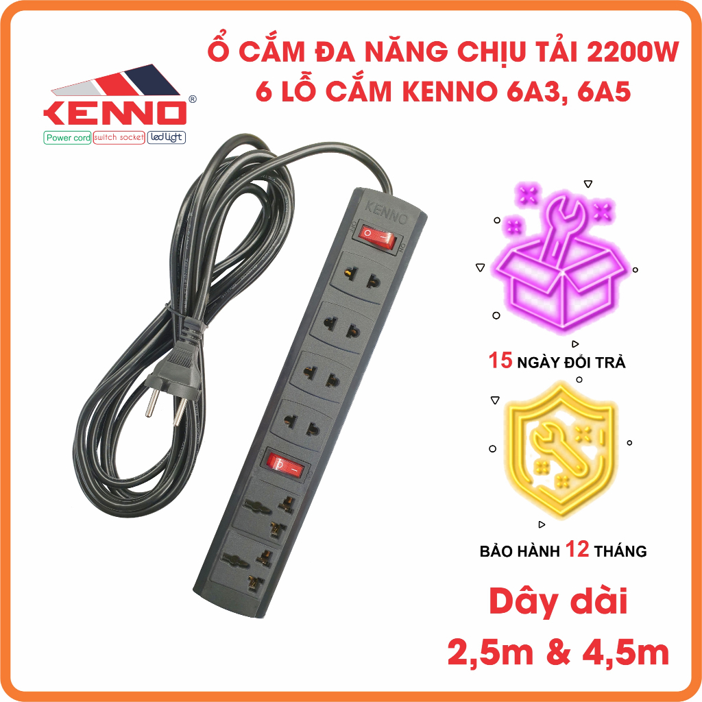 Ổ cắm 6 lỗ lõi sứ 4 tròn dẹt và 2 đa năng dây nguồn 2,5m và 4.5m Công suất  2200W