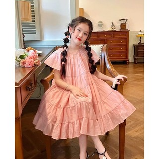 Đầm hồng baby thô cotton hàn dáng xèo, size cho bé gái từ 13-45kg
