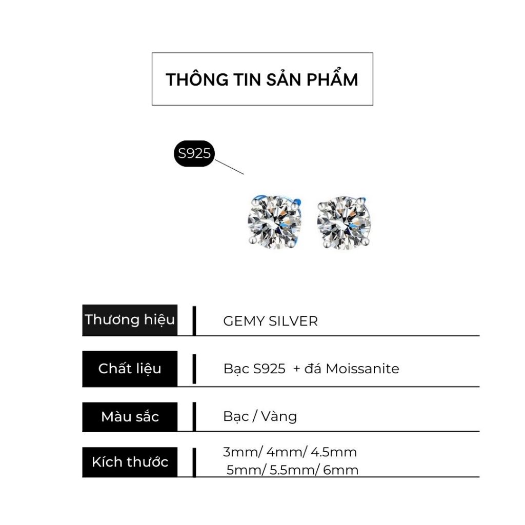 Khuyên tai bạc nam nụ đá Moissanite nhiều size kèm thẻ đen và giấy kiểm định (1 chiếc) | GEMY SILVER KN117