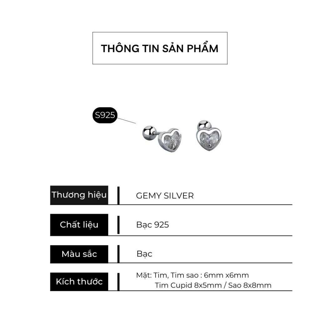Khuyên tai nam nữ bạc 925 unisex chuôi bi vặn đính đá nhiều mẫu hình tim và hình sao (1 chiếc) | GEMYSILVER KN111