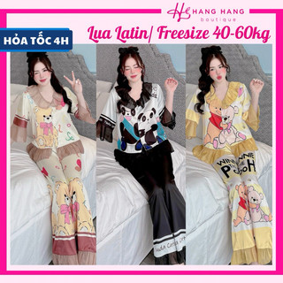 Đồ ngủ nữ 40-60kg, pijama dài cộc tay bèo lụa latin mịn mát 60CD11, đồ bộ nữ đồ mặc nhà tiểu thư dễ thương sang chảnh