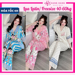 Đồ ngủ nữ 40-60kg, pijama dài cộc tay bèo lụa latin mịn mát 60CD11, đồ bộ nữ đồ mặc nhà tiểu thư dễ thương sang chảnh