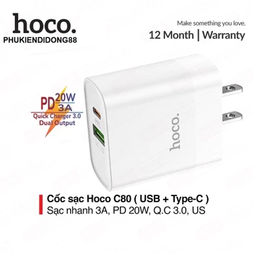 Bộ sạc nhanh Hoco củ sạc C80 và cáp sạc nhanh 20w X14, củ 2 cổng sạc USB và Type-C (PD), chuẩn PD3.0, sạc nhanh 3A