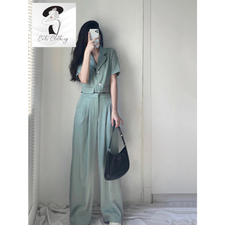 Set blazer dáng lửng mix quần culottes chất trượt hàn công sở A1040
