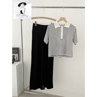 Set bộ áo croptop kẻ phối quần ống rộng style Hàn siêu xinh A2103