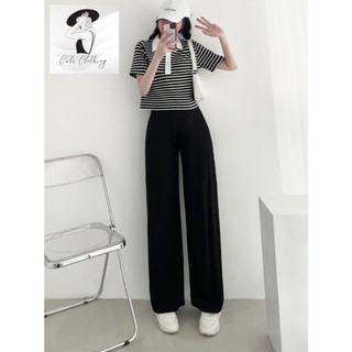 Set bộ áo croptop kẻ phối quần ống rộng style Hàn siêu xinh A2103