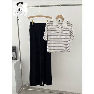 Set bộ áo croptop kẻ phối quần ống rộng style Hàn siêu xinh A2103