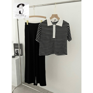 Set bộ áo croptop kẻ phối quần ống rộng style Hàn siêu xinh A2103