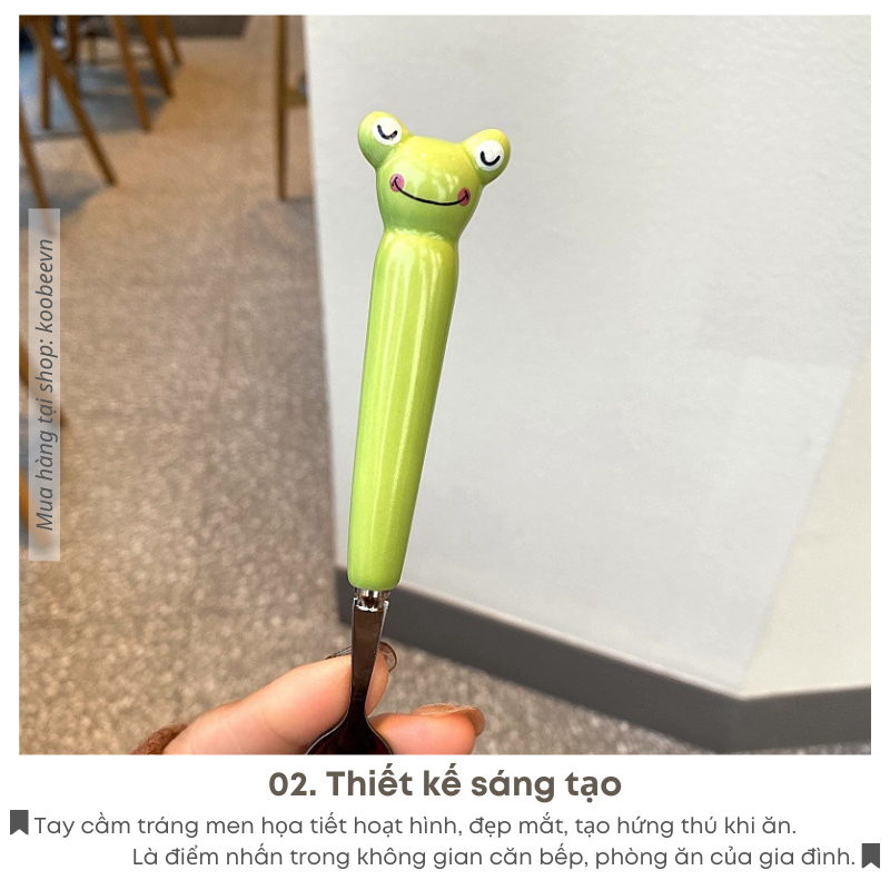 Bộ Thìa Nĩa Inox Cán Sứ Ếch Vô Tri Dùng Cho Cá Nhân, Trẻ Em - Bộ Đồ Ăn Di Động Văn Phòng, Sinh Viên Làm Quà Tặng | 078