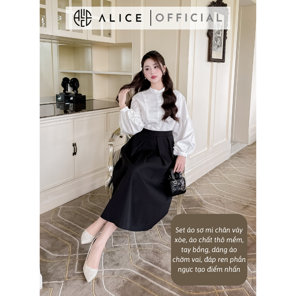 Ảnh Set Áo Sơ Phối Chân Váy Dài Công Sở ALICE Thiết Kế Dáng Chờm Vai Tay Bồng Kèm Chân Váy Dáng Xòe Thanh Lịch S583 4