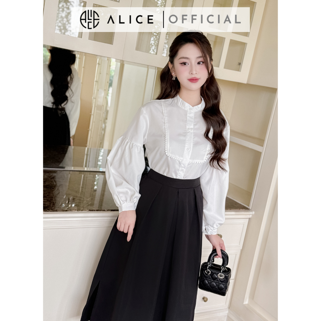 Ảnh Set Áo Sơ Phối Chân Váy Dài Công Sở ALICE Thiết Kế Dáng Chờm Vai Tay Bồng Kèm Chân Váy Dáng Xòe Thanh Lịch S583 3