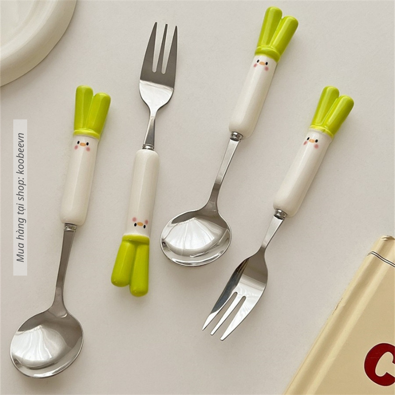 Bộ Thìa Nĩa Inox Cán Sứ Hành Tây Cute Dùng Cho Cá Nhân, Trẻ Em - Bộ Đồ Ăn Văn Phòng, Sinh Viên, Quà Tặng Decor| 079