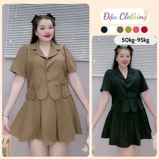 Bộ Blazer Nữ CÓ BIGSIZE Gồm Áo Vest Xẻ Tà Gắn Nơ Dễ Thương Kèm Chân Váy Xếp Ly Lưng Chun SET72