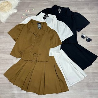 Bộ Blazer Nữ CÓ BIGSIZE Gồm Áo Vest Xẻ Tà Gắn Nơ Dễ Thương Kèm Chân Váy Xếp Ly Lưng Chun SET72