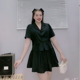 Bộ Blazer Nữ CÓ BIGSIZE Gồm Áo Vest Xẻ Tà Gắn Nơ Dễ Thương Kèm Chân Váy Xếp Ly Lưng Chun SET72