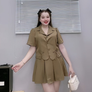 Bộ Blazer Nữ CÓ BIGSIZE Gồm Áo Vest Xẻ Tà Gắn Nơ Dễ Thương Kèm Chân Váy Xếp Ly Lưng Chun SET72