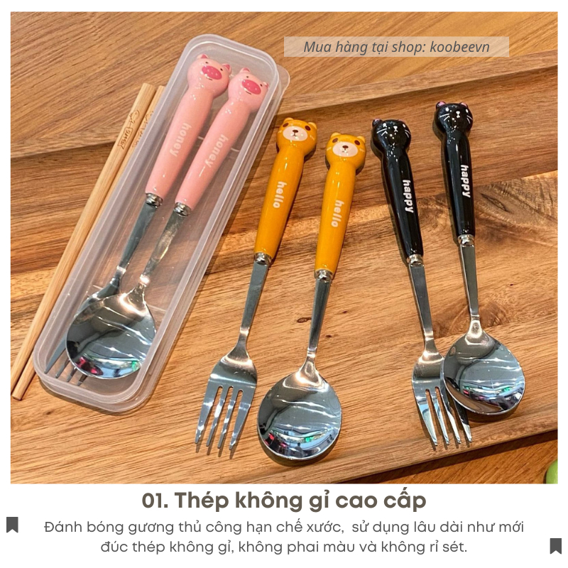 Bộ Thìa Nĩa Inox Cán Sứ Hình Con Vật Dễ Thương Cho Trẻ Em - Bộ Đồ Ăn Văn Phòng, Sinh Viên, Làm Quà Tặng Decor| 081