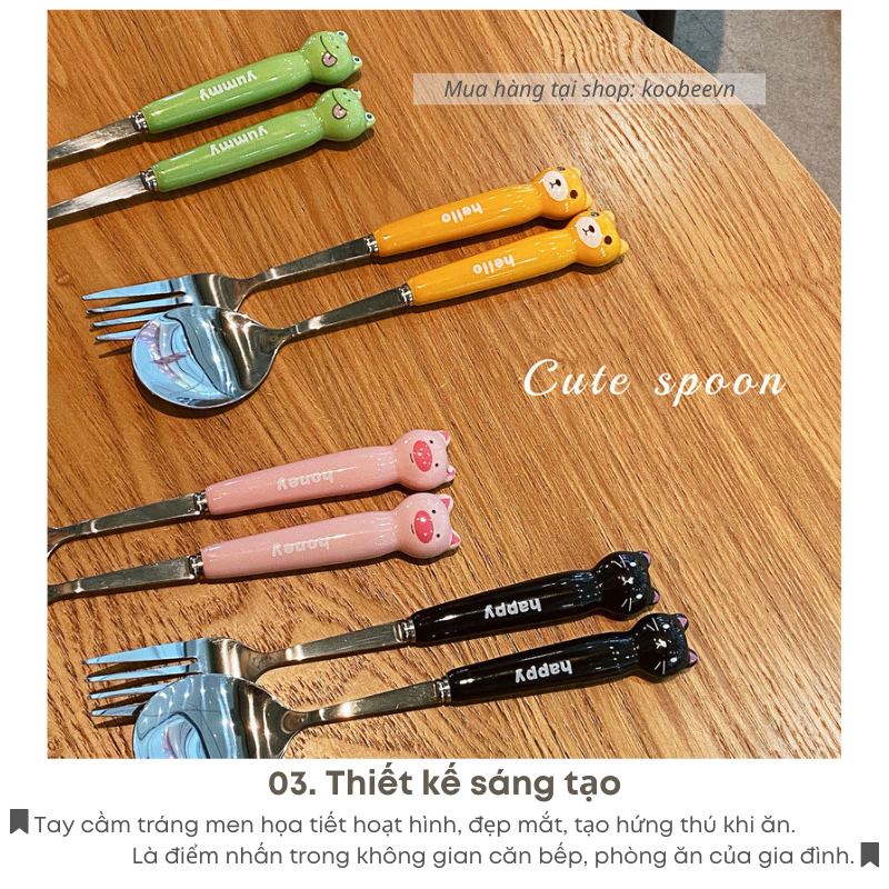 Bộ Thìa Nĩa Inox Cán Sứ Hình Con Vật Dễ Thương Cho Trẻ Em - Bộ Đồ Ăn Văn Phòng, Sinh Viên, Làm Quà Tặng Decor| 081