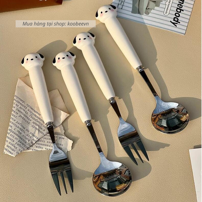 Bộ Thìa Nĩa Inox Cán Sứ Cún Con Dễ Thương Dùng Cho Cá Nhân, Trẻ Em- Bộ Đồ Ăn Văn Phòng, Sinh Viên Làm Quà Tặng Decor|080