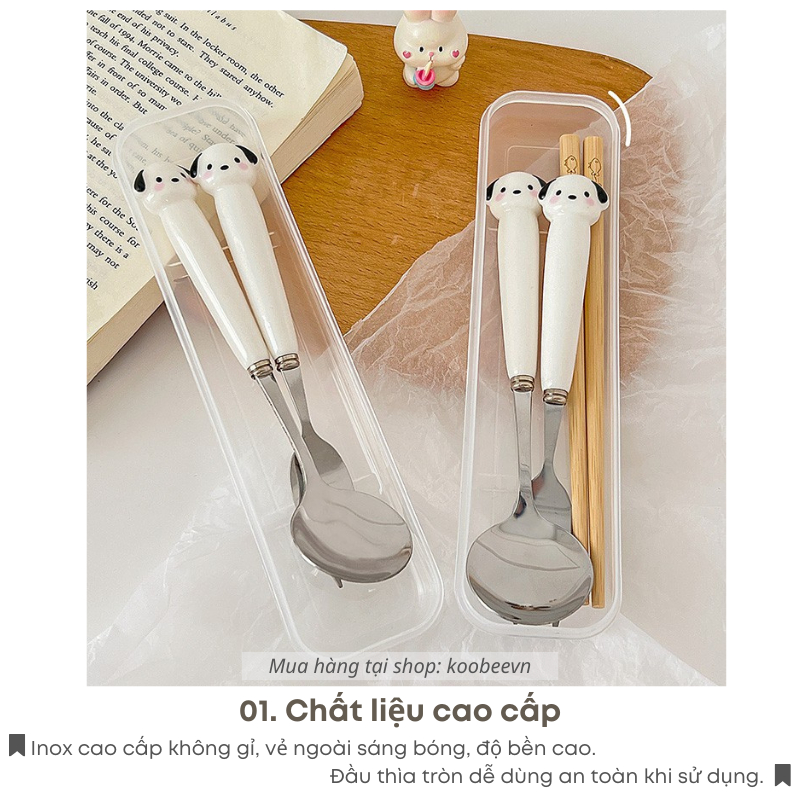 Bộ Thìa Nĩa Inox Cán Sứ Cún Con Dễ Thương Dùng Cho Cá Nhân, Trẻ Em- Bộ Đồ Ăn Văn Phòng, Sinh Viên Làm Quà Tặng Decor|080