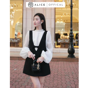 Set Tiểu Thư Áo Tay Phồng Cổ Ngọc Phối Đầm Yếm Dáng Suông ALICE Chất Liệu Cao Cấp, Tiểu Thư S587