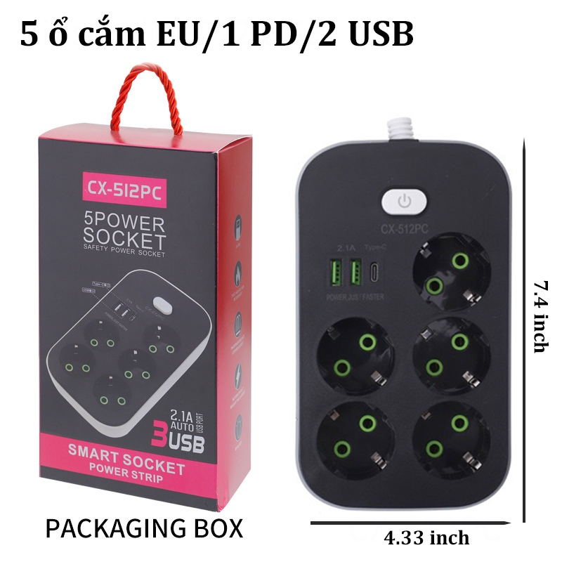 5 Ổ Cắm - 2 USB-1 PD