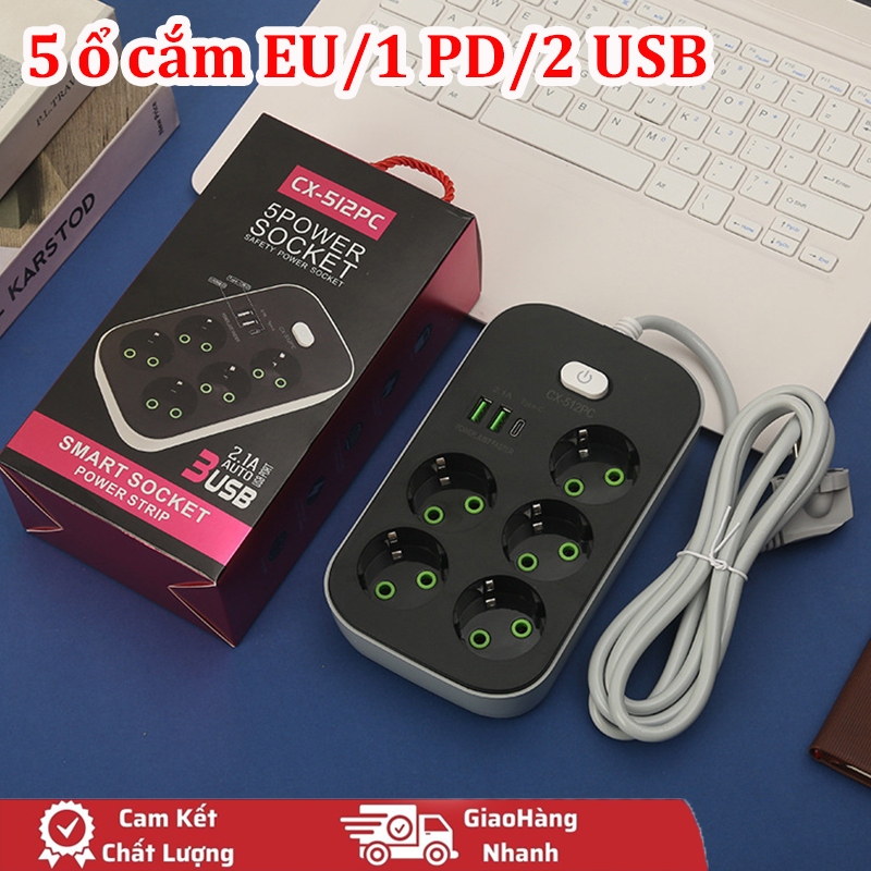 Ổ Cắm Điện USB Đa Năng Cấp Chống Giật Dây Dài 2m, 1 PD 2 Cổng Cắm USB, 5 Giắc Cắm Điện Có Chốt An Toàn Tiện Dụng