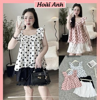 Set Bộ Đồ Nữ Áo Chấm Bi Cánh Tiên Nơ Sau Mix Chân Váy Thô Phối Ren Có Quần Đùi Trong Freesize